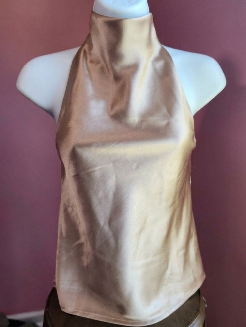 Satin Halter Cowl Neck Top in Champagne Taupe